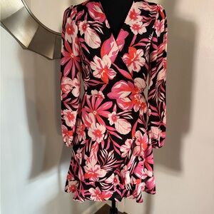 Floral Print Wrap Dress - Pink and Black